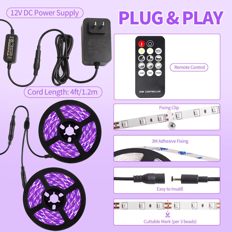 SHGPODA شريط إضاءة أسود SHGPODA بطول 33 قدم مع جهاز تحكم عن بعد، 600 LED، أضواء سوداء مرنة قابلة للتعتيم 12V لحفلات التوهج، غرفة النوم، هالوين، ملصق قماش فلوريسنت، 3 أوضاع إضاءة، غير مقاوم للماء - Image 4